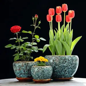 3-pcs Light-Gloss Blue Peacock Glaze Ceramic Light-Glazed Planter Set | Airy Cyan Home Decor Pots indoor outdoor planter