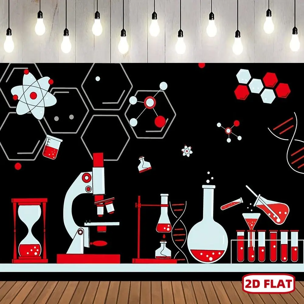 1pc 2D Flat Science Birthday Theme Party Backdrop , Crazy Science Fun Scientist Happy Birthday Background, Physical And Chemical Experiments, Party Banner Decorations,  Prop Ornaments