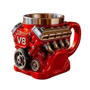 Retro Engine Coffee Mug, V8 Engines Stainless Steel Cup, Personalized Double Wall Insulation Car Mug with Handle Perfect for Father's Day, Christmas, Husband, Mechanic, Car Enthusiast
