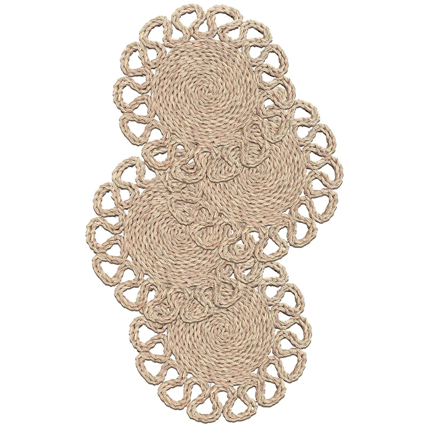 Boho Woven Rattan-Seagrass Fiber 6-Piece Round Placemats & Coasters Set, 11.8 in Indoor Tableware, Spot Clean Compatible, Ideal for Family Dinners & Parties, 11.8 Inches