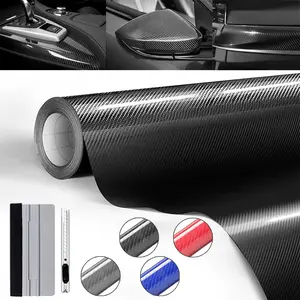 8" x 60" Gloss Carbon Fiber Car Wrap Vinyl Bubble Free Air Release Adhesive Car Wrap Film Roll DIY Decals with Cutter, Wrap Tools