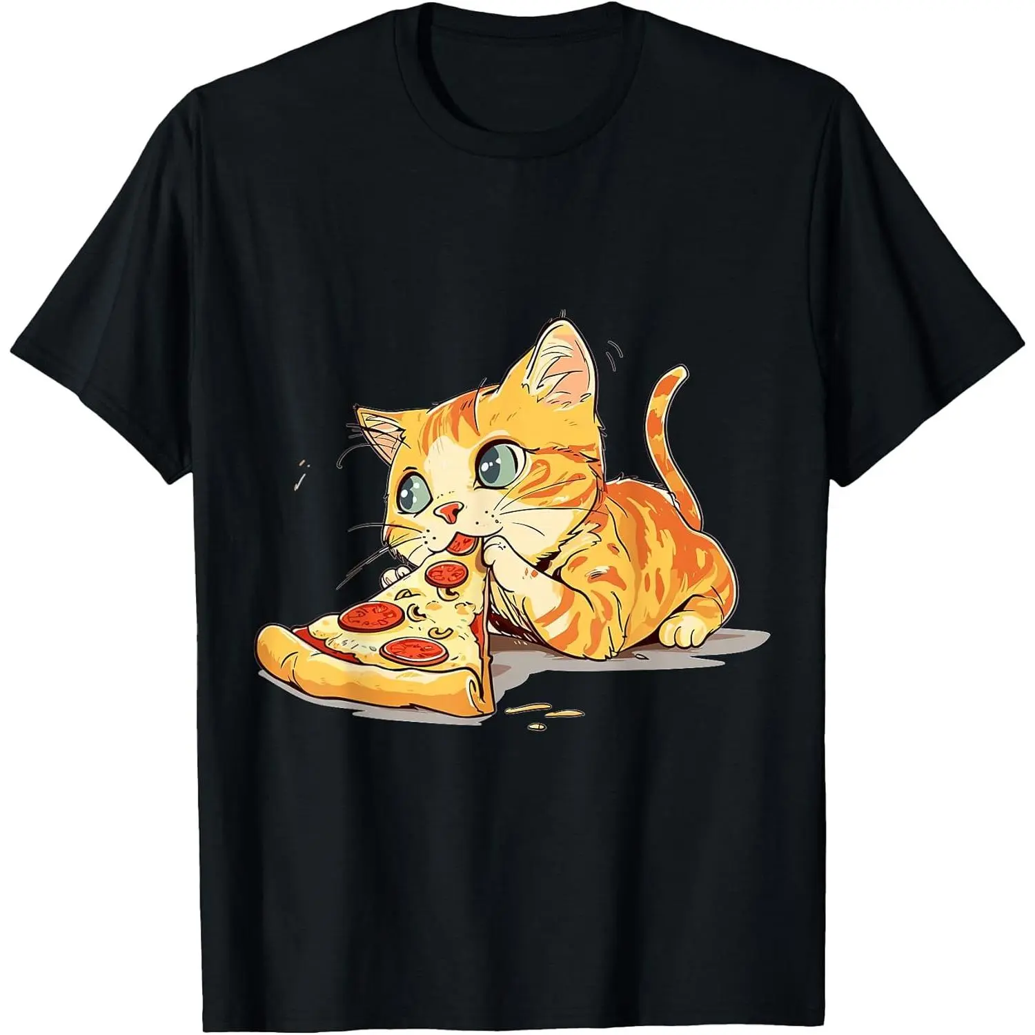 Graphic T-Shirt with Funny Anime Cat Pizza Print, Soft 100% Cotton Short Sleeve Top for Men and Women, Everyday Wear, Shortsleeve, Style, Tshirt, Casual, Fabric, Classic, Hem