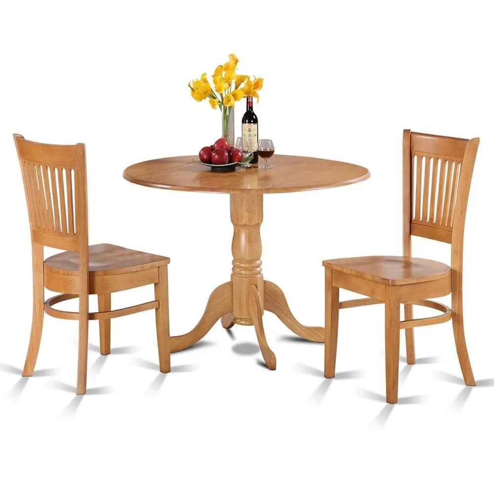 3-Piece Durable Solid Wood Round Drop-Leaf Kitchen Nook Table & Chairs Set, Traditional Compact Set for Apartment Dining Rooms & Compact Dining Spaces, Slatted Back Chairs, Reinforced Joints, 250lb Weight Capacity