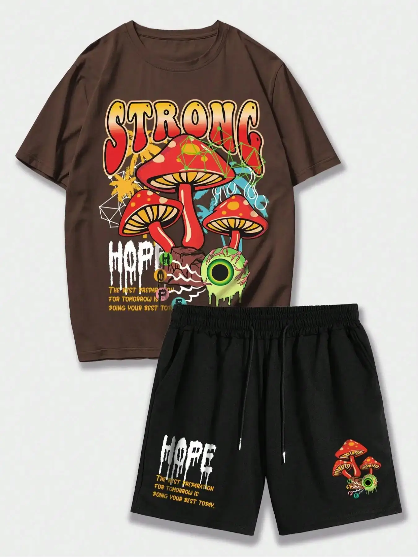 2/4/6/8 Counts Men's Letter Print Drawstring Two-piece Set, Streetwear Regular Fit Casual Short Sleeve T-shirt & Mushroom Print Shorts, Back To School