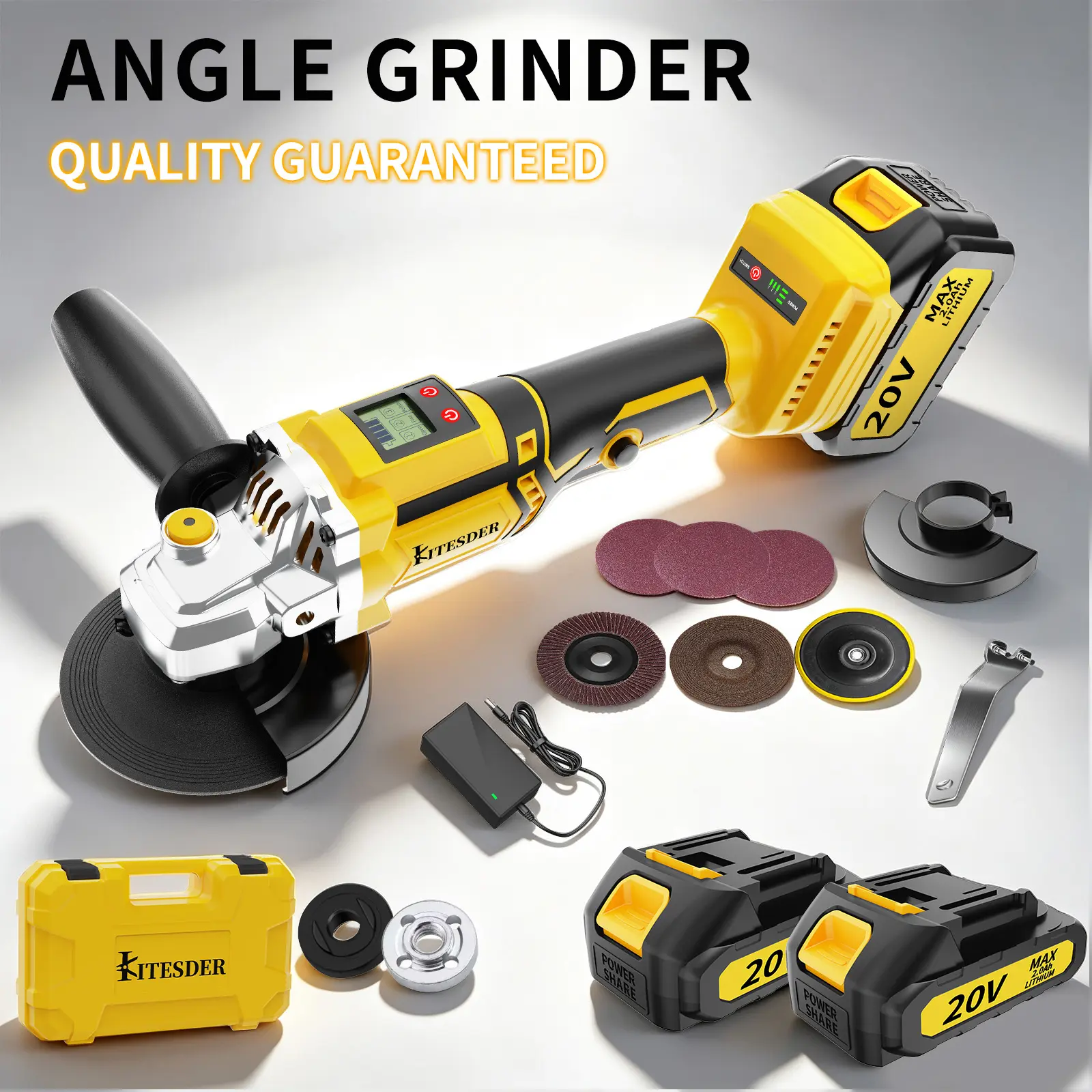 KITESDER 20V Brushless Cordless Angle Grinder Kit - Rechargeable Grinding Tool with 9000/11000RPM, Multiple Discs for Cutting/Polishing, Included Batteries for Home Improvement DIY Crafts