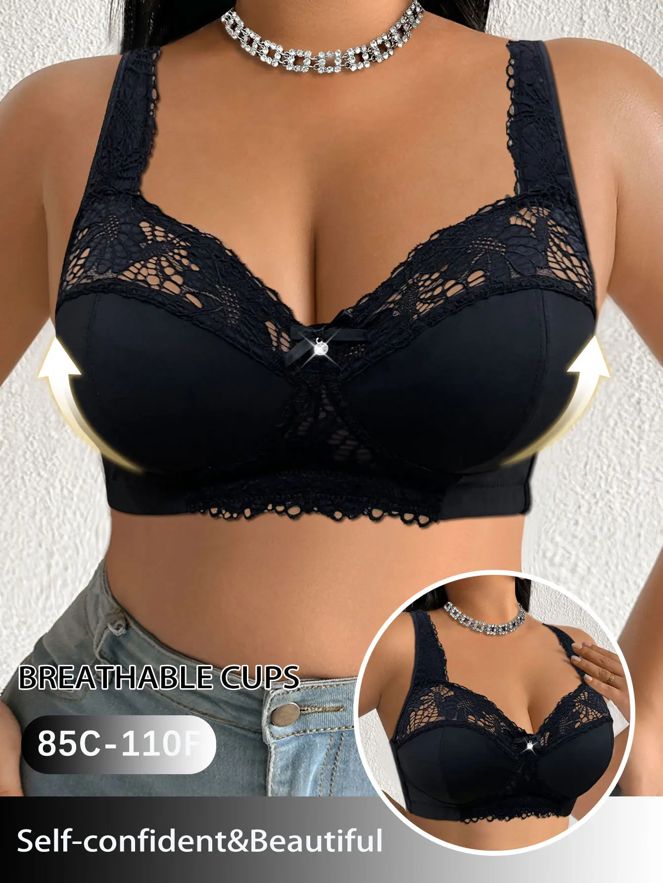 Plus Size Lace Embroidered push-up Bra fit for Women, Wireless Full Coverage Support Bra, Breathable Comfortable Everyday Lingerie, 1 Piece