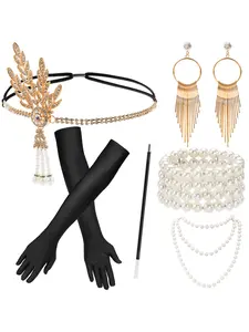 20s Flapper Girl Accessories Set, Roaring Twenties Party, Includes Headband, Necklace, Gloves, Earrings, Bracelet