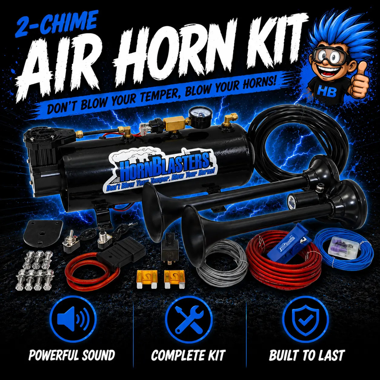 2-Chime 3-Liter Air Horn Kit | 12-Volt DC | 3-Liter 120 PSI Air System | Truck & Car Accessories