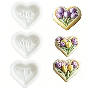 3-Piece Valentine's Day Tulip Heart Silicone Mold, Food-Grade Easy Release, Mousse Chocolate Jelly DIY Baking Mold, Multi-Functional Kitchen Tool