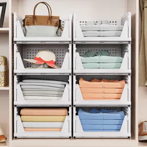 10 Packs Stackable Closet Storage Basket, Multifunctional & Foldable Closet Organizer for Bathroom Kitchen Laundry Room Wardrobe Storage, Space-Saving Clothes Storage Drawer Organizer, White