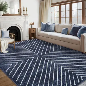 Indoor Modern Geometric Striped Area Rugs Washable Soft Low Pile Non Slip Rubber Backing Carpet for Living Room Bedroom Bathroom Easy Care Office Decor and Accessories - Blue