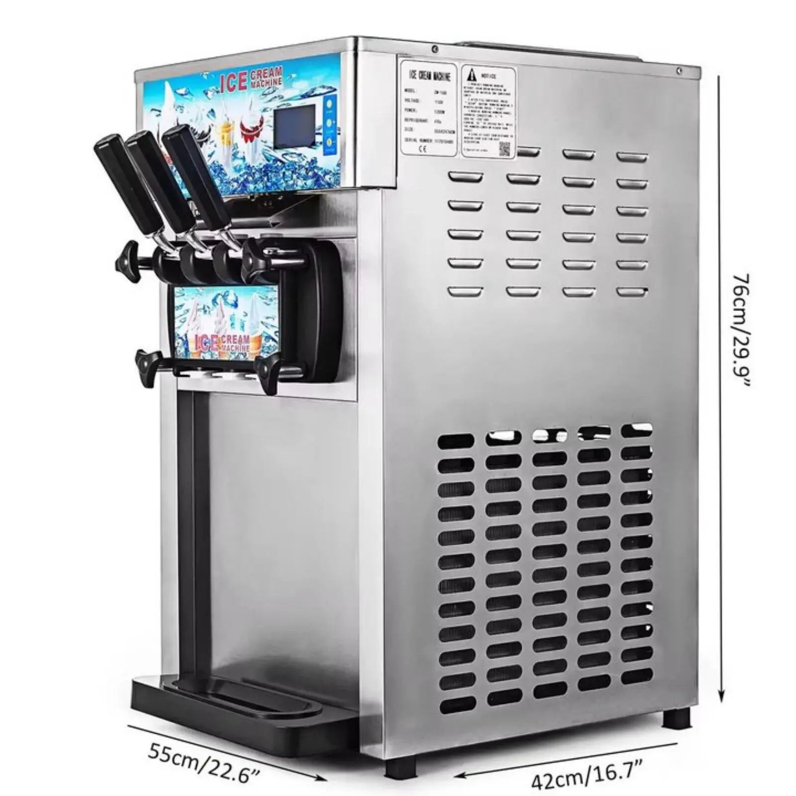 1200W Commercial & Household Countertop Soft Serve Ice Cream Machine, 3L Hoppers, 3 Flavors, 18L/h (5 Gal/h) Production Speed, Efficient Energy-Saving Compressor, LCD Control, 550x420x760 mm, 69 kg, 5 Gal (18L) Per Hour