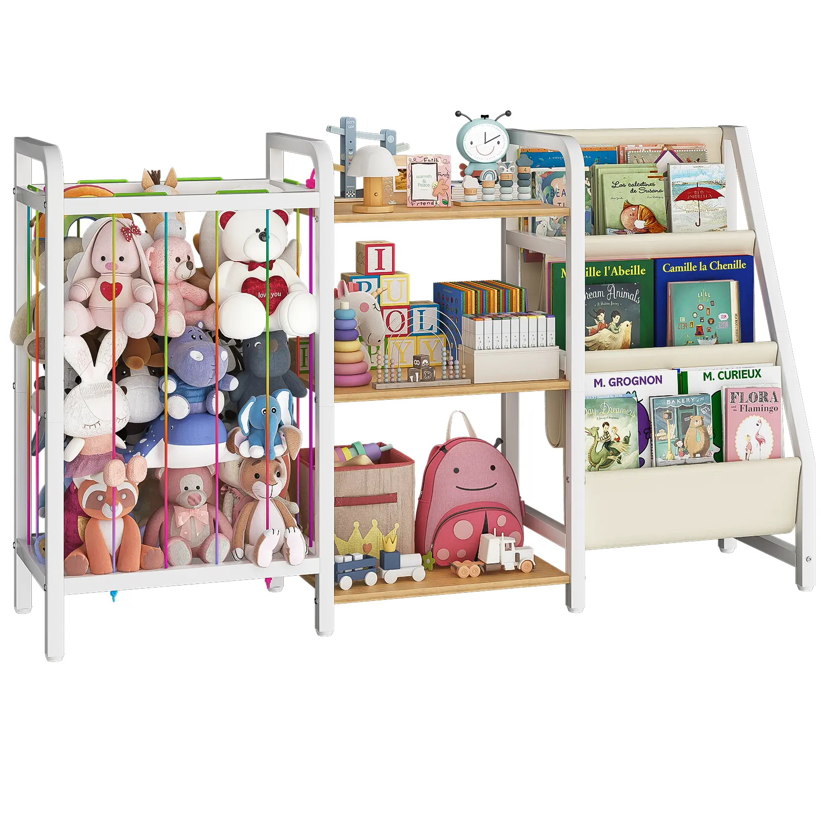 B1 Kids 3-Tier Sling Bookcase - Nursery Bookshelf Book Rack with Toy & Stuffed Animal Storage, Montessori Toddler Furniture for Bedroom, Playroom