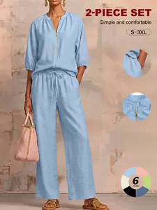 Women’s matching loungewear set: half-zip pullover two-piece tracksuit (with loose, wide-leg pants) — casual outerwear style