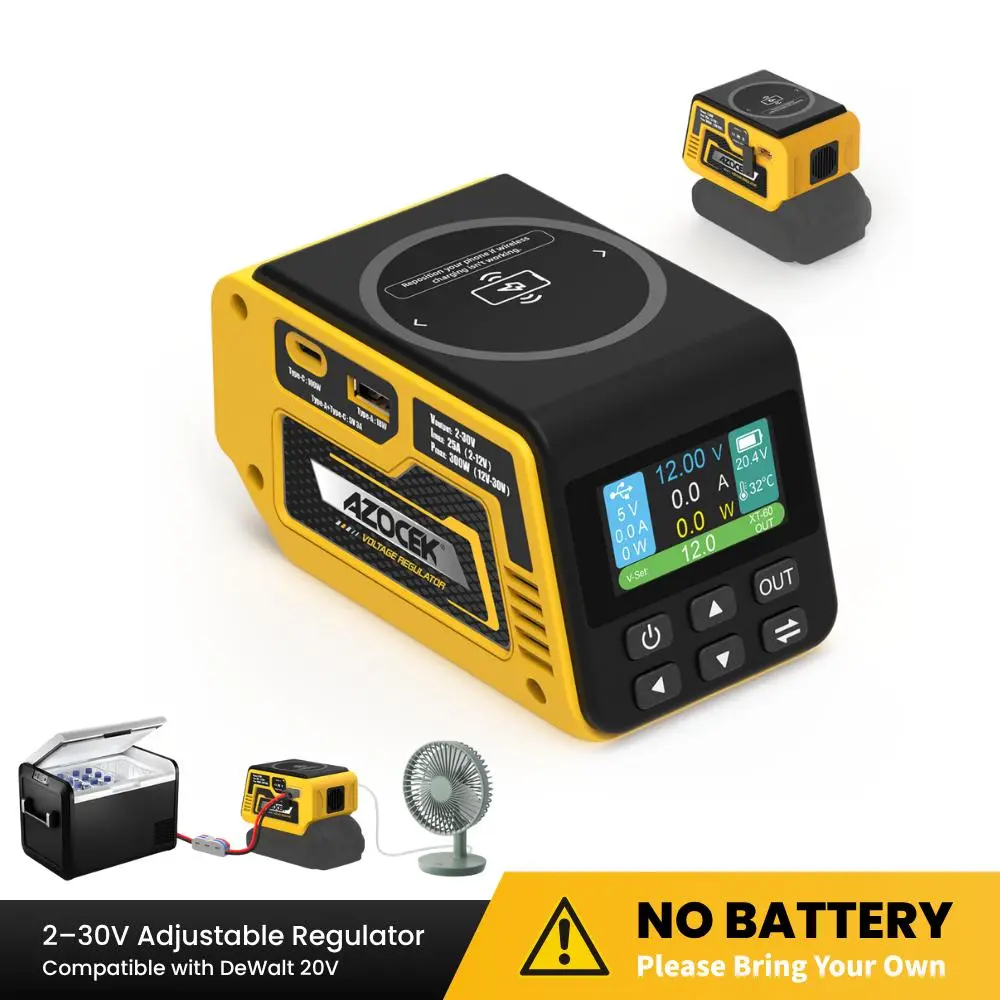 Azocek 300W Portable DC Power Supply Compatible with DeWalt 20V Batteries, 2-30V Adjustable Voltage Regulator, XT60 Output, 100W USB-C PD, LCD Display for Camping, RV, Jobsite & DIY [Battery Not Included]