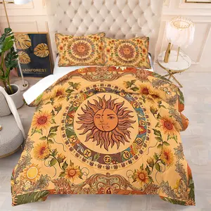 2/3pcs Boho Sun & Moon Sunflower Comforter Set, Zodiac Astrology Printed Quilt Bedding Set with Pillowcases (No Pillow Insert), Soft All Season Bedspread for Bedroom Decor, Twin/Full/Queen/King