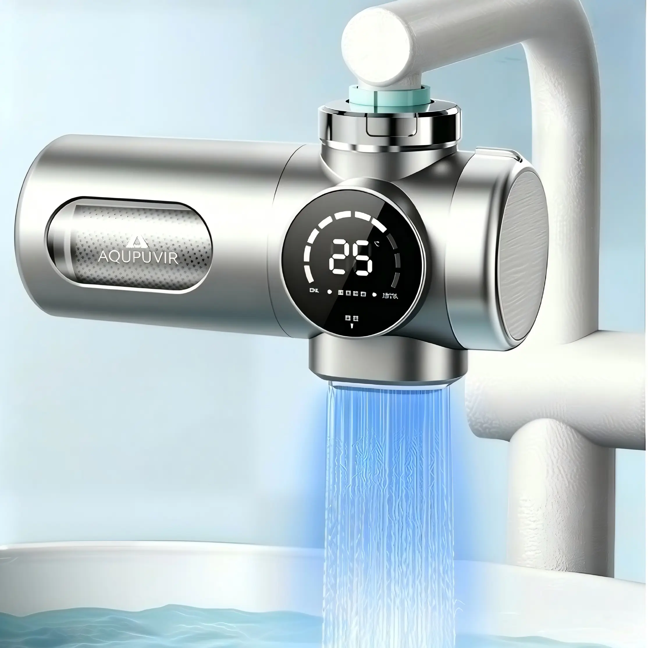 AQUPUVIR sink water filter with LED display, smart digital faucet water filter, kitchen and bathroom water filters, kitchen water filter with LED display, bathroom water filter, faucet filter for purified tap water, faucet water filter