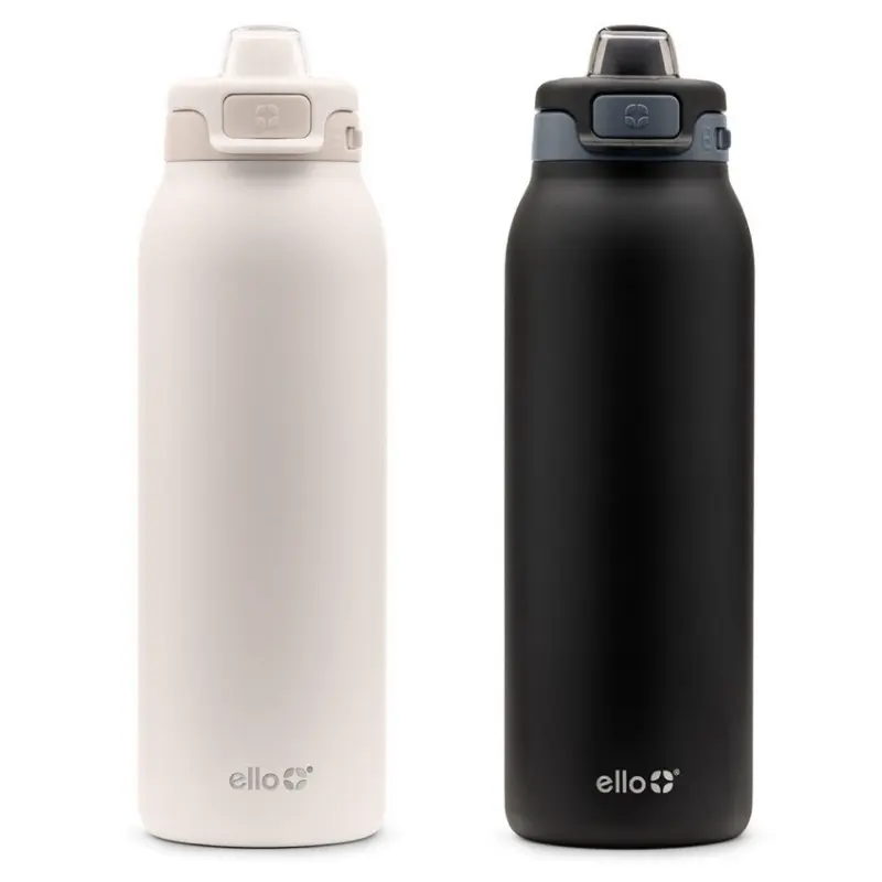 Ello Pop & Fill 32oz 2-Pack Stainless Steel Water Bottle with QuickFill Technology Dunes Charcoal l in White & Black Drinkware Bottled Reusable Washable