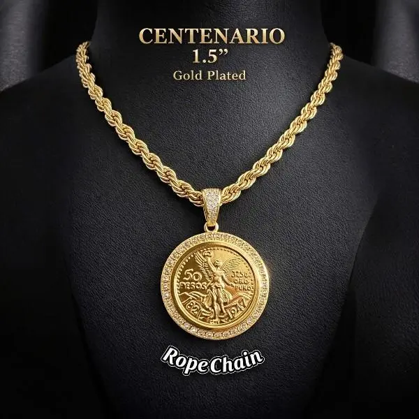 14K Gold Plated Centenario 1.5"/38mm Pendant Cubic Zirconia | Cuban, Rope & Figaro Chain Options Gold Coin Necklace