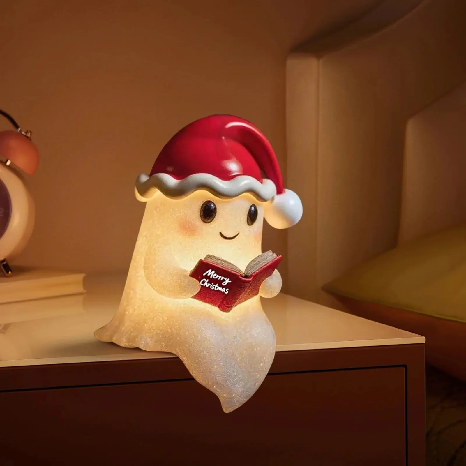 Cute Ghost Night Light Decorative Lamp with Christmas Hat, Resin Craft Gift, Creative Home Decor, Easy Christmas Atmosphere, Desk Shelf Fireplace Decoration, Cozy Lighting