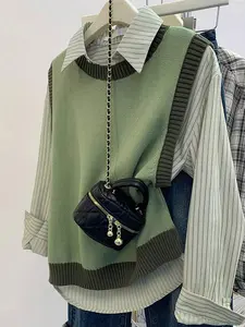 Colorblock Knit Vest Tops for Women, Spring Summer New Design, Casual Layered Outerwear, Sleeveless Top, Breathable Slim Fit Round Neck, Womenswear