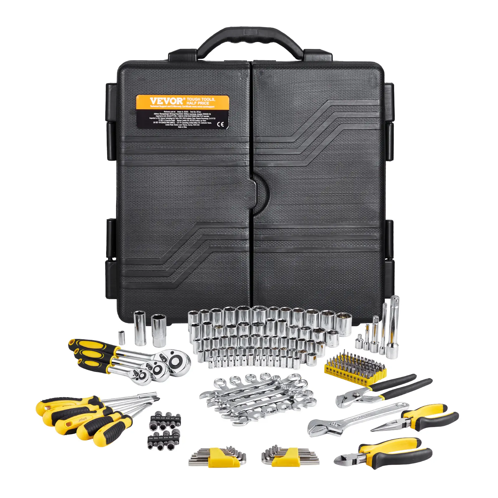 VEVOR 207-Piece Heavy Duty Alloy Steel Mechanics Car Tool Kit, 1/4"-3/8"-1/2" Drive SAE & Metric Sockets, 72-Tooth Smooth Turn Quick Release Ratcheting Wrench Set, Chrome Plated Hand Tools, On-The-Go Box for DIY Auto Repair