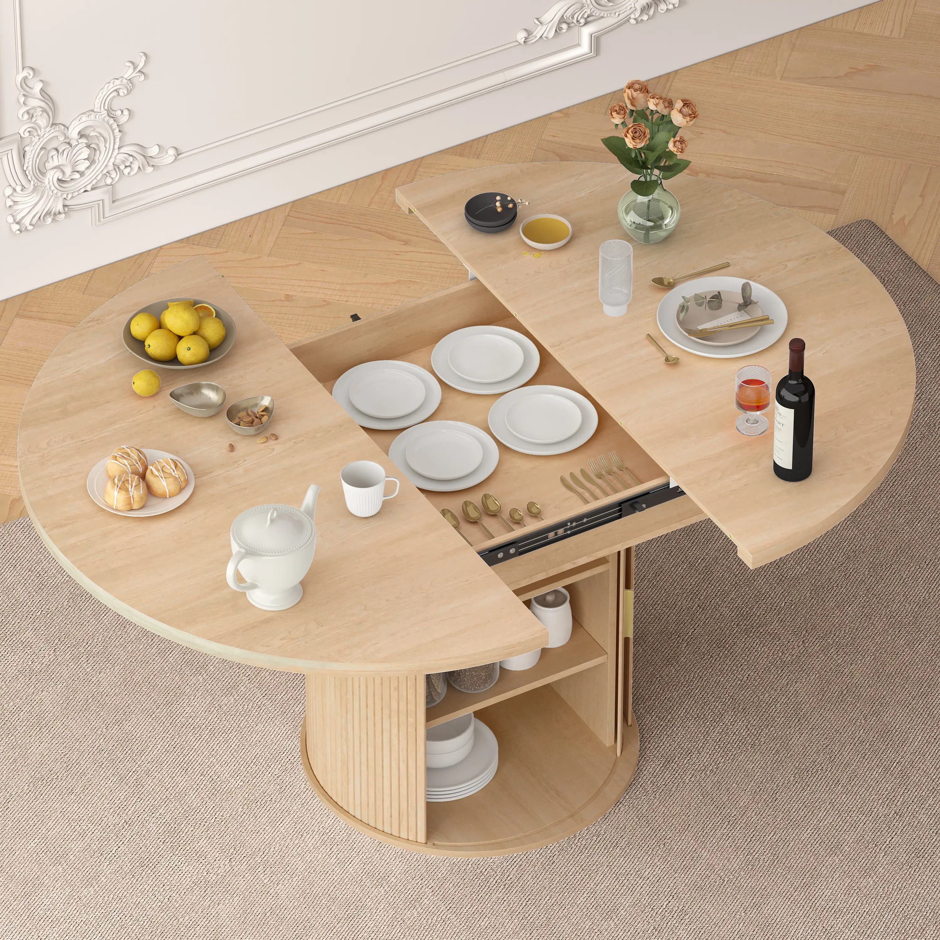 【Deals】DHH 62" Extendable Wood Dining Table for Dining Room! Features Smooth Slide Expansion & 3-Tier Hidden Storage Base. Ideal for Modern Families to Maximize Space, Store Cutlery & Enjoy Aesthetic Dinner Parties!