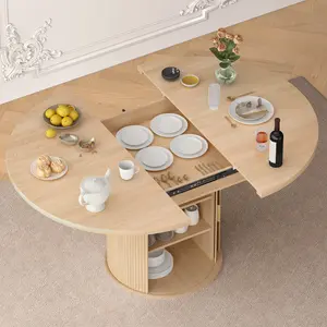 【Deals for You Days】DHH 47.2"-63" Extendable Round to Oval Dining Table for 4-6, Space-Saving Wood Kitchen Dinner Table with Hidden Storage Pedestal Base, Mid-Century Modern Fluted Tambour Door Apartment Furniture（wood）