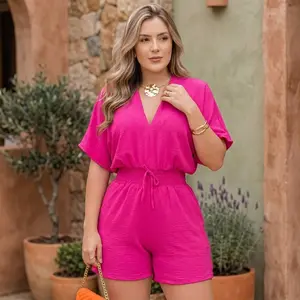 Summer Short Sleeve Romper Jumpsuit For Women Batwing Sleeve V-Neck Overalls Womenswear