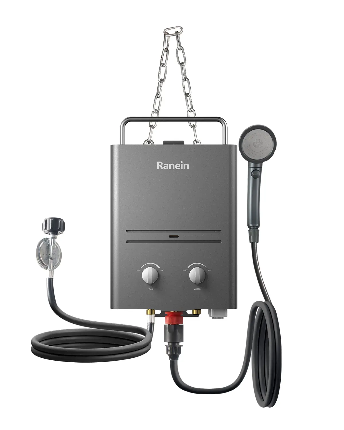 Ranein Grey Compact Portable Outdoor Tankless Propane Water Warmer - 6L, 1.58 GPM Hot Water, 1/2" BSP Female × 5/8" GHT Female Brass Connectors, 3.6 psi, 55.4℉ to 167℉, Chain-Hung for Poolside, RV, Model RO4KY