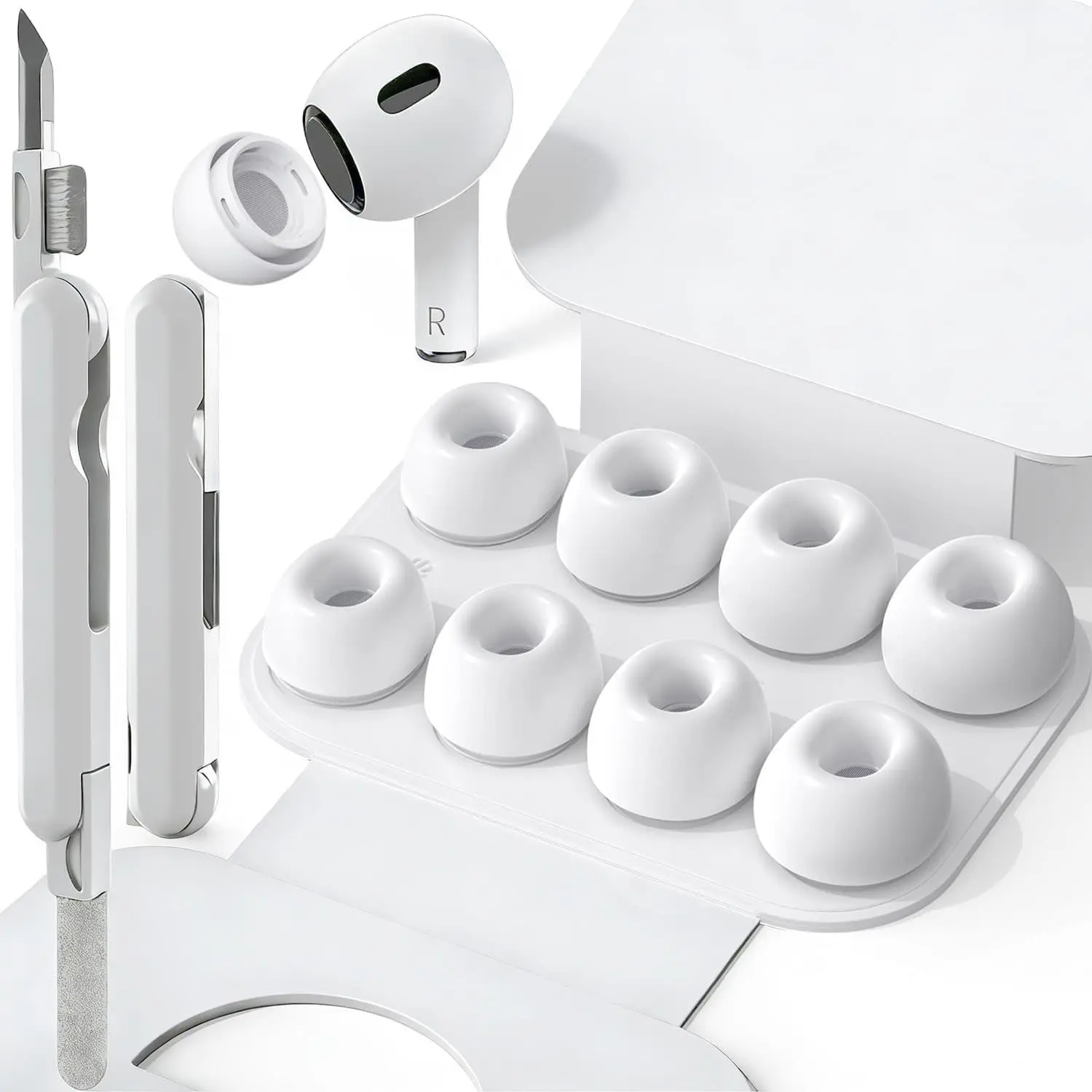 4 Sizes of Ear Tip Replacement Compatible with AirPod Pro and AirPods Pro 2 Ear Tips with Portable Storage Box & Cleaning Kit, Noise Cancellation, Noise Reduction Hole & Dense Dust Guard Screen(XS/S/M/L)-White Dustproof Protection Earbuds Audio