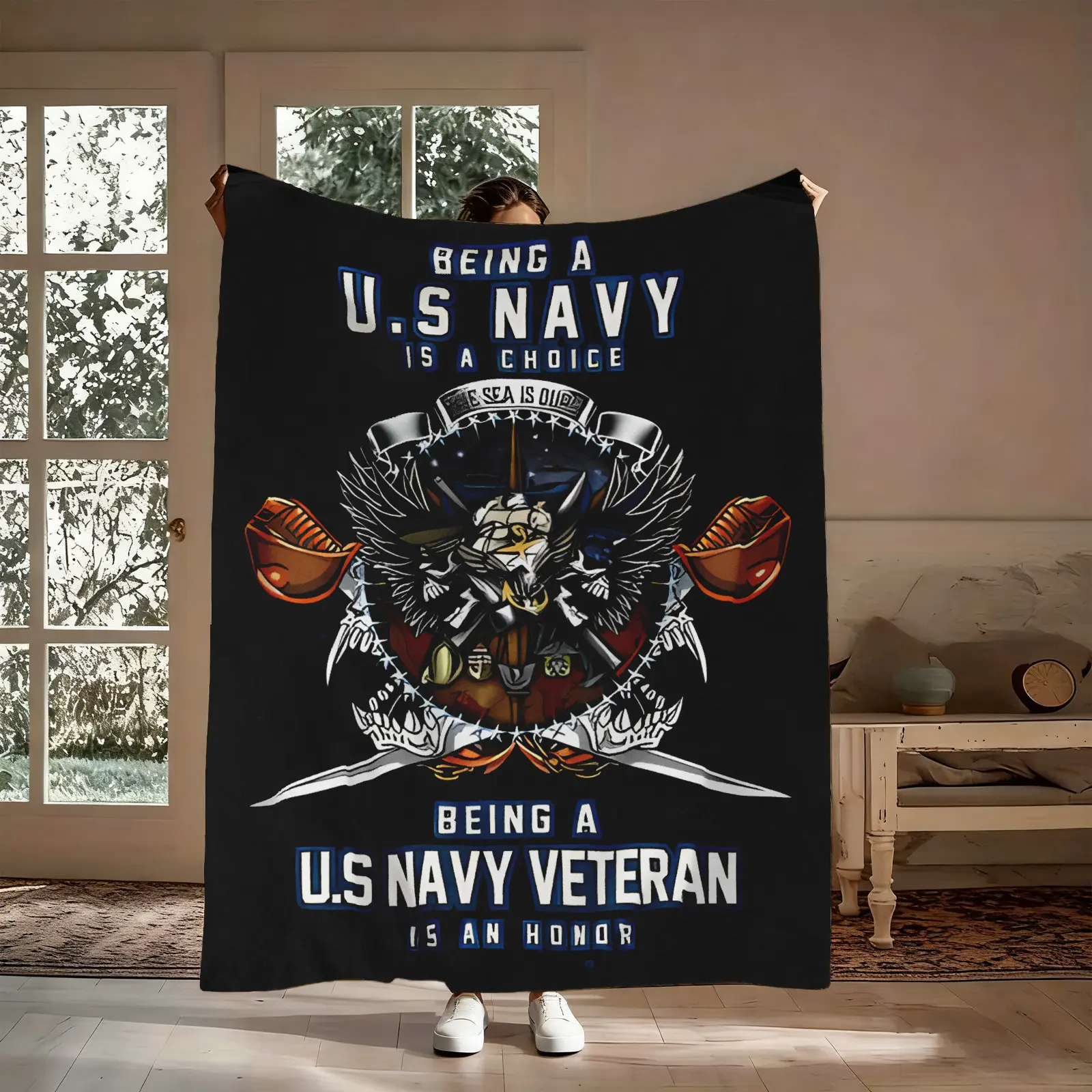 Navy Veteran Flannel Throw Blanket, Being A Navy Is A Choice Being A Veteran Is An Honor Eagle Anchor Pattern Soft Warm Cozy Nap Blanket for Couch Bed Sofa, Military Patriotic Gift for Him Her Veteran, Veterans Day Birthday Christmas Holiday Gift