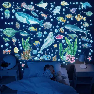 Glow in The Dark Ocean Fish Wall Decals,Under The Sea Wall Stickers Decals Decor Luminous Sea Life Animals Waterproof Stick Wall Decal for Kids Boys Bedroom Watercolor Creatures Decor (Ocean)