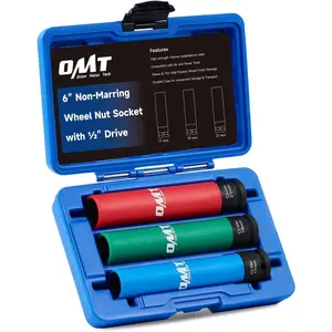 Lug Nut Set, 3pc 1/2" Drive Long Sockets with 17mm 19mm 21mm Metric Sockets, 6" Thin Wall Wheel Lug Nut Deep Sockets with Colored & Carry Case