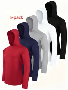 5pcs Men's Quick-Dry Hooded Long Sleeve Shirts - Breathable Ice-Textured Fabric, Moisture-Wicking, Sun & Wind Protection for Gym, Outdoor Sports, Running, Hiking - All-Season Comfort, Machine Washable,Sporty Casual Wear,  Athletic Top,  Workout Clothing
