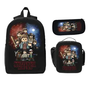 Stranger Things Building Block Style Three-Piece Backpack Set Black Retro Sci-Fi Backpack Combo with Matching Pencil Case and Lunch Bag