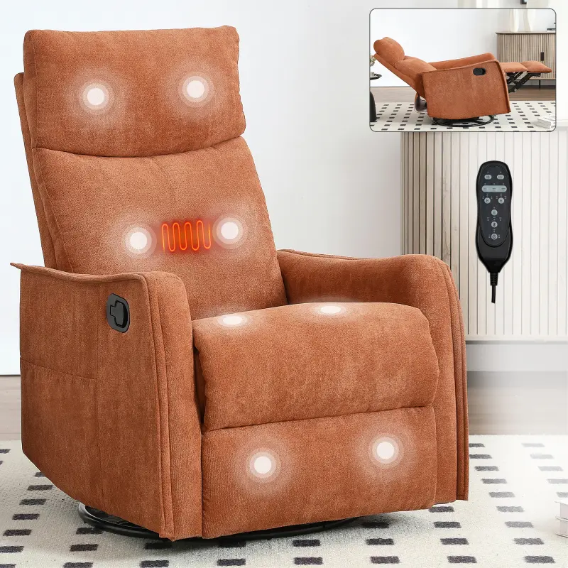 Rocker Recliner Chair for Adults, Swivel Rocker Recliner with Massage and Heat, Adjustable Glider Recliner Nursery Chair with Black Metal Base, Small Recliners for Small Spaces, Living Room (Orange)