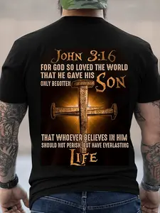 1 John 3:16 - Religious and Inspired Font - Spiritual and Biblical - Verse - For Fans - Comfortable Men's Back Print T-Shirt - All Seasons Casual Wear - Suitable for Church Services, Bible Study Groups, Religious Retreats