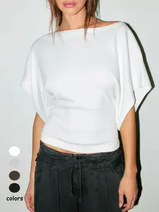Women's Summer New Batwing Sleeve Waist Cinched Fit Top, Fashion Y2K Boat Neck Knit Sweater, Versatile Daily Wear Casual Basic Tee, Womenswear Knitwear