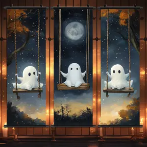 Halloween Themed Hanging Banner, 3 Counts/set Cute Ghost on The Swing Pattern Wall Decor, Wall Art for Home Living Room Bedroom Decoration