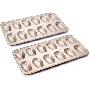 Nonstick Madeleine Pan 2 Pack 12-Cavity Heavy Duty Madeleine Cookies Trays for Oven Baking, Warp Resistant Shell Shape Madeleine Mold Cake Pan, Champagne Gold