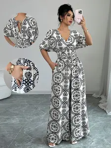 【Plus Size】 All Over Print Wide Leg Jumpsuit, Stylish Jumpsuit, Boho Casual V Neck Bishop Sleeve Jumpsuit, Elegant Casual Jumpsuit for Daily Holiday Vacation Wear, Women's Plus Clothing for Summer