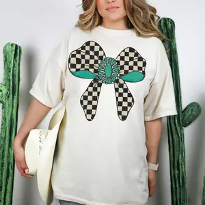 Retro Checkered Turquoise Ribbon Tshirt, Western Coquette Bow Womens Clothing Top Gift For Her