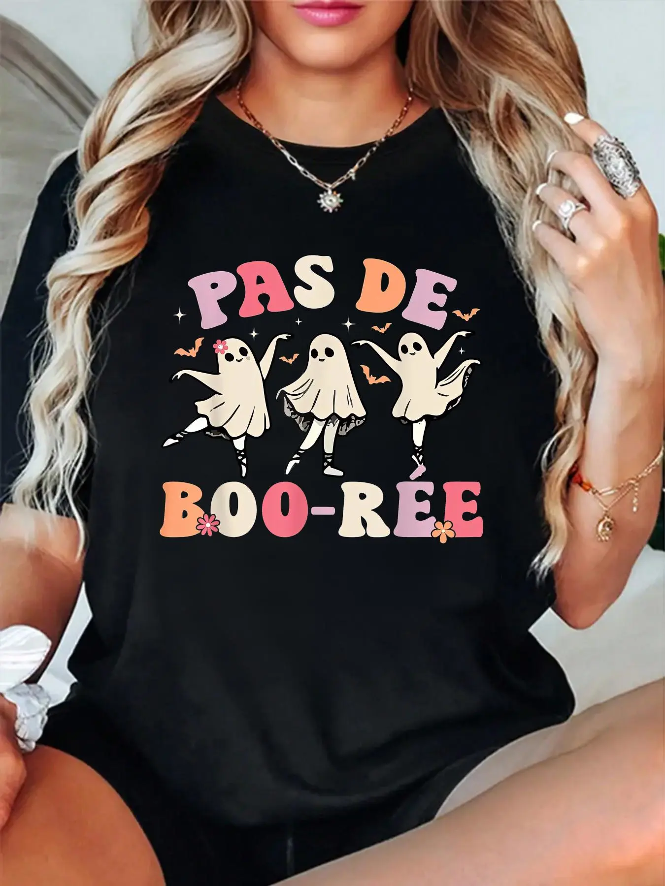 Pas de BOO-rée Ghost Ballet Dancer Halloween Dance Teacher T-Shirt women's graphic tees fall shirts Casual All-Season Sportswear,Round Neck, Short Sleeve, Machine Washable