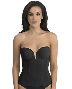 Dominique Vivienne V-Wire Longline Strapless Bra #8990 - Deep Plunge Bridal Corset Top, Detachable Garters - Full Support, Low Back, Memory Foam Cups - Black