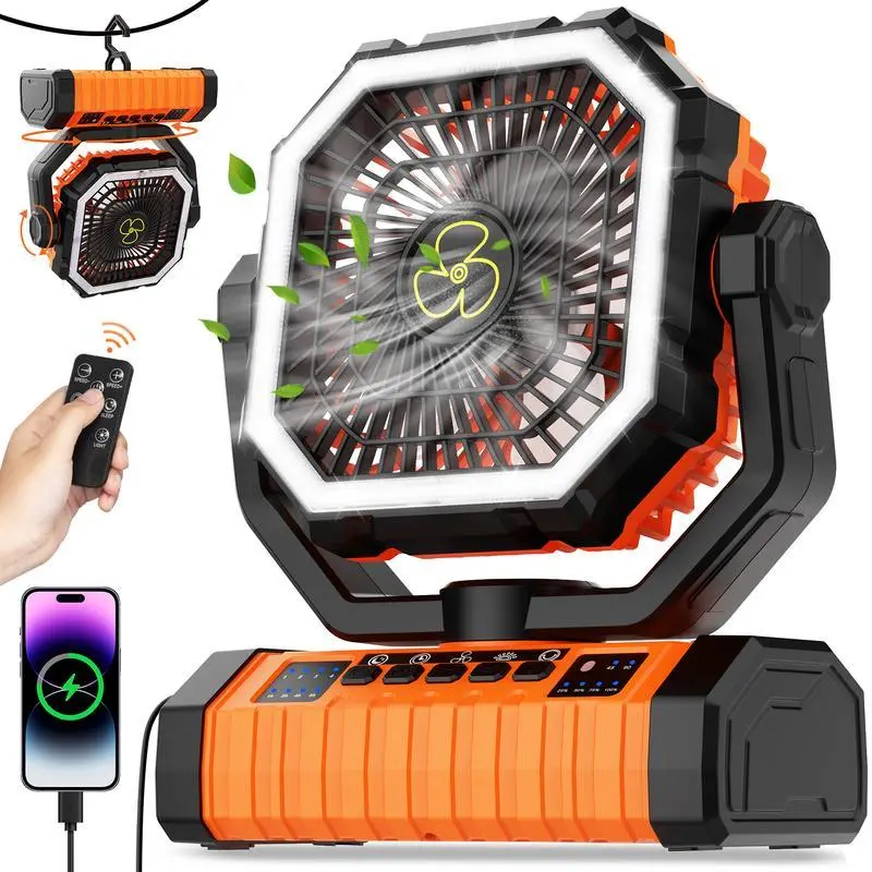 Rechargeable 20000mAh Camping Fan with LED Light, Cordless Portable Fan with Remote, Auto-Oscillating with Adjustable Speeds and USB Power Bank for Tents & RVs, Usb Port, Blackout Ready, Flexible, Usb C Cable