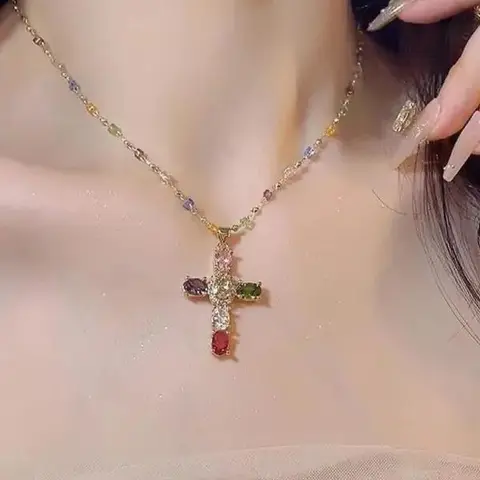 Women's Multi-Color Cross Statement Necklace, Artificial Crystal Rhinestone Design, Luxe Zirconia Chain, Affordable Gem Look, Daily & Party Wear Costume Jewelry Accessory