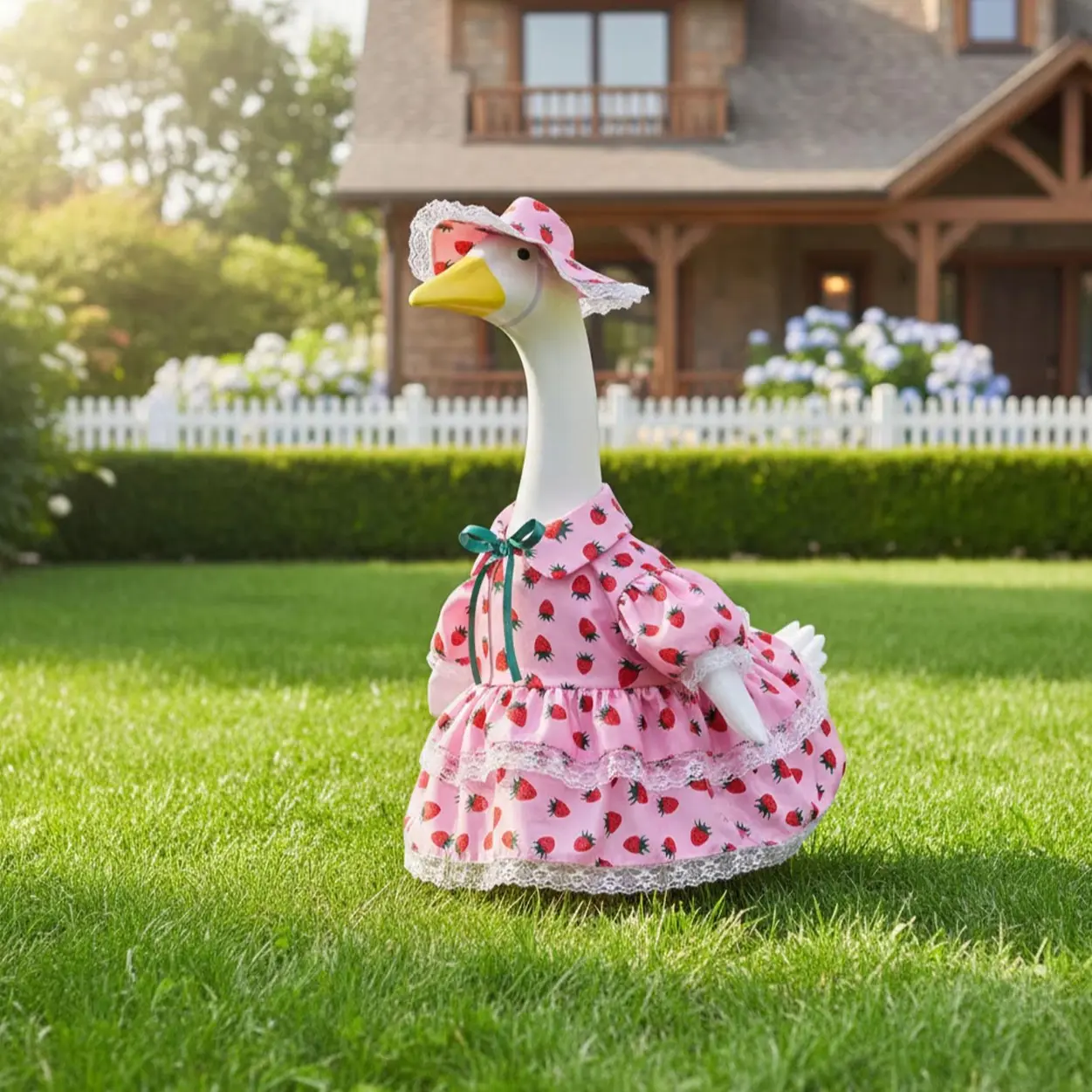 Spring Summer Porch Decor Home Exterior Goose Costume Set, 23 Inches, Country Style Maid Dress, Strawberry Floral Dress, Lace Garden Goose Doll, Lace Detailing, Decoration
