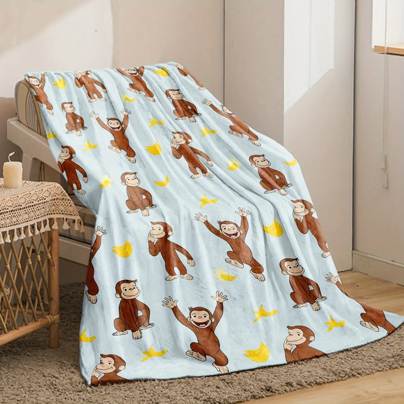 Soft Flannel Cartoon Character Throw Blanket - Curious George Monkey & Banana Pattern, Light Blue, Cozy Warm, for Sofa Bed, Perfect Gift for Friends, Character Animal Throw, Cartoon Character Throws, Character Animal Throws pr flag happy birthday