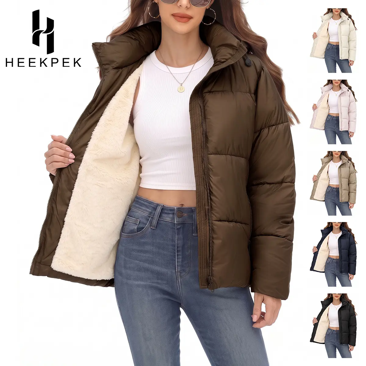 HEEKPEK Women's Long-Sleeves Short Puffer Jackets - Lady's Casual Outerwear, Faux Fur Lined, Water Repellent, Windproof Winter Coat with Detachable Hood for 2026 Fall Outdoor Use